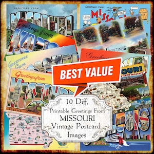 Salutations du Missouri MO carte postale vintage JPEG Image Set - téléchargement numérique - carte postale grande lettre imprimable art déco antique des années 1940 et 1950
