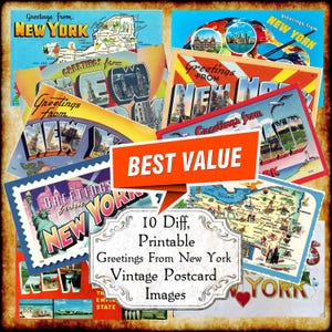 Saluti da New York, NY, set di immagini JPEG di cartoline d'epoca - Download digitale - cartolina antica Art Déco stampabile degli anni '40 e '50 con grandi lettere