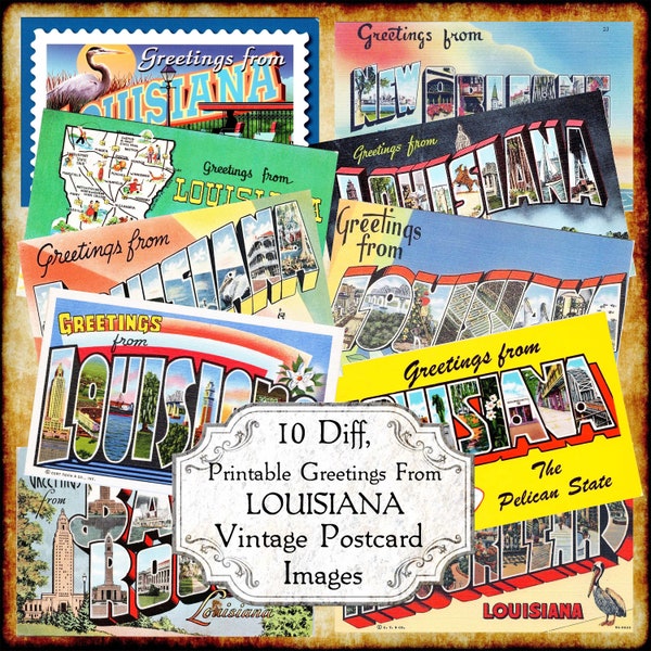 Greetings From Louisiana LA Vintage Postcard JPEG Image Set - Digital Download - antique 1940s 1950s printable art deco big letter postcard