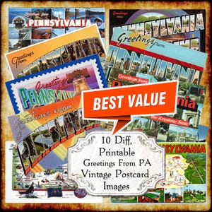 Salutations de carte postale vintage de Pennsylvanie en Pennsylvanie Images JPEG - téléchargement numérique - carte postale grande lettre imprimable art déco antique des années 1940 et 1950