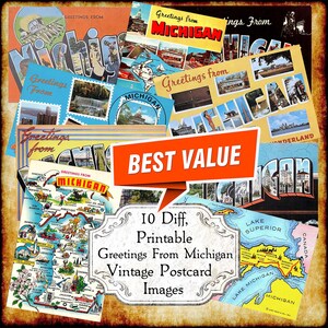 Conjunto de imagens JPEP de cartões postais vintage "Saudações de Michigan" - Download digital - cartão postal antigo art déco com letras grandes para impressão dos anos 1940 e 1950