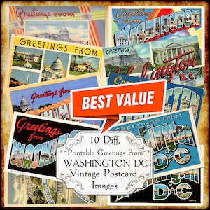 Ensemble d'images JPEG de carte postale vintage Greetings From Washington DC - téléchargement numérique de qualité - grande lettre art déco antique des années 1940 et 1950