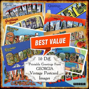 Conjunto de imagens JPEG de cartões postais vintage da Geórgia - Download digital - cartão postal antigo de letras grandes, estilo art déco, retrô, dos anos 1940 e 1950