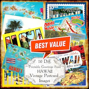 Saudações do Havaí HI Imagens JPEG de cartão postal vintage - Download digital - cartão postal antigo art déco com letras grandes para impressão dos anos 1940 e 1950