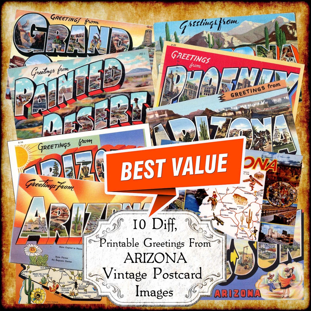 Az Posts Vintage Arizona Postcard Image Set – 1940s-50s Art Deco (digital ...