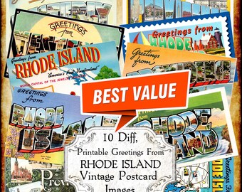 Postales vintage de Rhode Island: saludos art déco (descarga digital)
