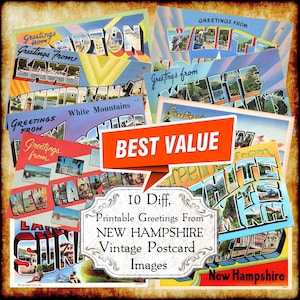 Salutations du New Hampshire NH vintage carte postale JPEG Image Set - téléchargement numérique - grosses lettres imprimables antiques art déco des années 1940 et 1950