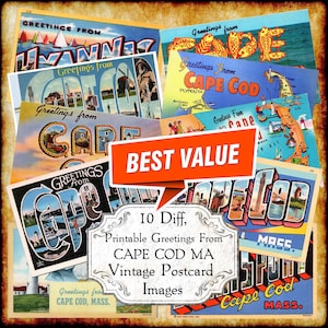 Saluti da Cape Cod MA Set di immagini JPEG di cartoline d'epoca - Download digitale - cartolina antica Art Déco stampabile degli anni '40 e '50 con grandi lettere