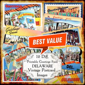 Ensemble d'images JPEG de carte postale vintage Greetings From Delaware DE - téléchargement numérique de qualité - carte postale ancienne art déco grandes lettres des années 1940, des années 1950