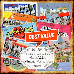 Saluti dall'Alabama AL Set di immagini JPEG di cartoline d'epoca - Download digitale - cartolina antica Art Déco stampabile degli anni '40 e '50 con grandi lettere