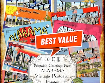 Vintage Alabama Postcard Set – 1940s-50s Art Deco (Digital Download)