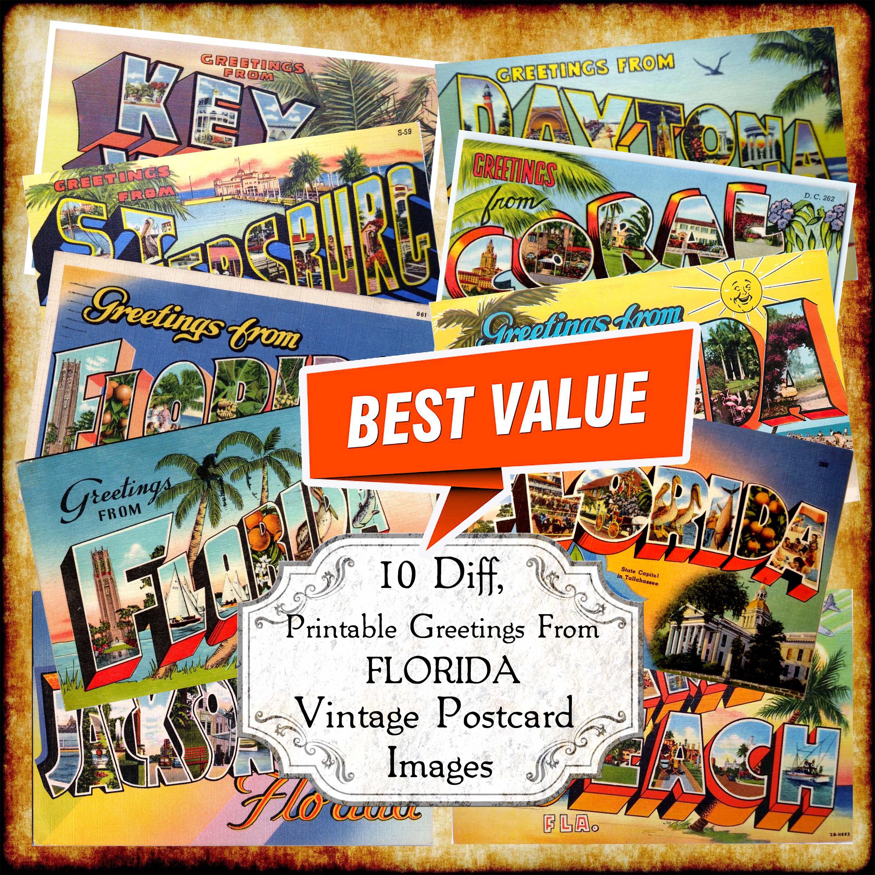 Greetings From Florida FL Vintage Postcard JPEG Image Set - Digital Download - antique 1940s 1950s printable art deco big letters postcard