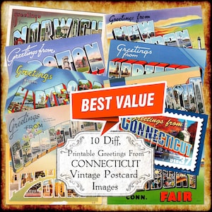 Greetings From Connecticut CT Vintage Postcard JPEG Image Set - Quality Digital Download - antique 1940s 1950s art deco big letters postcard