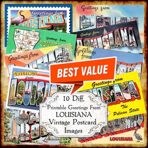 Saluti dalla Louisiana LA Set di immagini JPEG di cartoline d'epoca - Download digitale - cartolina antica Art Déco stampabile degli anni '40 e '50 con grandi lettere