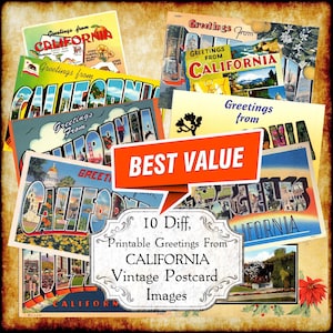 Saudações da Califórnia, CA, conjunto de imagens JPEG de cartões postais vintage - download digital, cartão postal antigo art déco com letras grandes para impressão dos anos 1940 e 1950