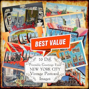 Salutations de New York City NYC carte postale vintage JPEG Image Set 1 - téléchargement numérique - carte postale ancienne grande lettre art déco imprimable