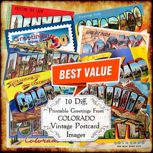 Salutations du Colorado CO carte postale vintage JPEG Image Set - téléchargement numérique - carte postale grande lettre art déco antique des années 1940 et 1950
