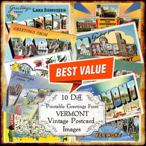 Conjunto de imagens JPEG de cartões postais vintage Saudações de Vermont VT - Download digital - cartão postal antigo art déco com letras grandes para impressão dos anos 1940 e 1950