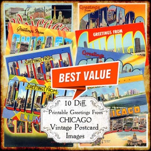 Conjunto de imagens JPEG de cartões postais vintage "Saudações de Chicago, IL" - Download digital - cartão postal antigo art déco com letras grandes para impressão dos anos 1940 e 1950