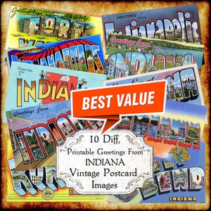 Saudações de Indiana em Conjunto de imagens JPEG de cartão postal vintage - Download digital de qualidade - letras grandes art déco antigas dos anos 1940 e 1950