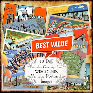Salutations du Wisconsin WI carte postale vintage JPEG Image Set - téléchargement numérique de qualité - carte postale ancienne art déco grosses lettres des années 1940 et 1950