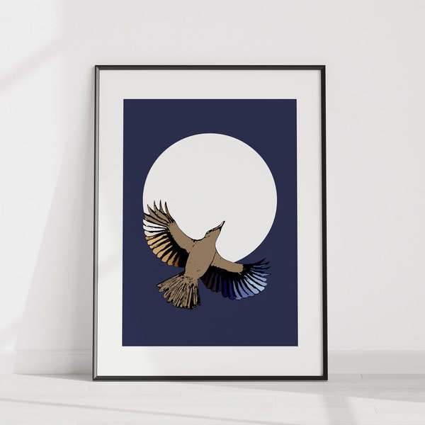 Poster, Minimalismus, Vogel, abstrakt, Geometrie, Amsel & Mond, nachtblau