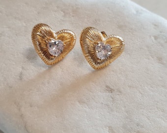 Heart earrings, stainless steel vintage heart earrings with white zyrcon, 18K gold earrings, hypoallergenic , nickel free.