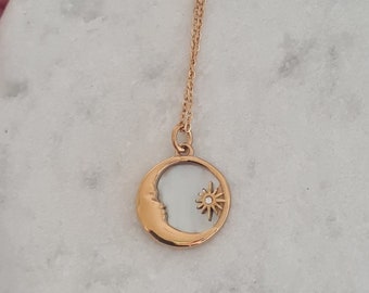 Moon and sun pendant , shell background, stainless steel hypoallergenic necklace, 18k gold plated.