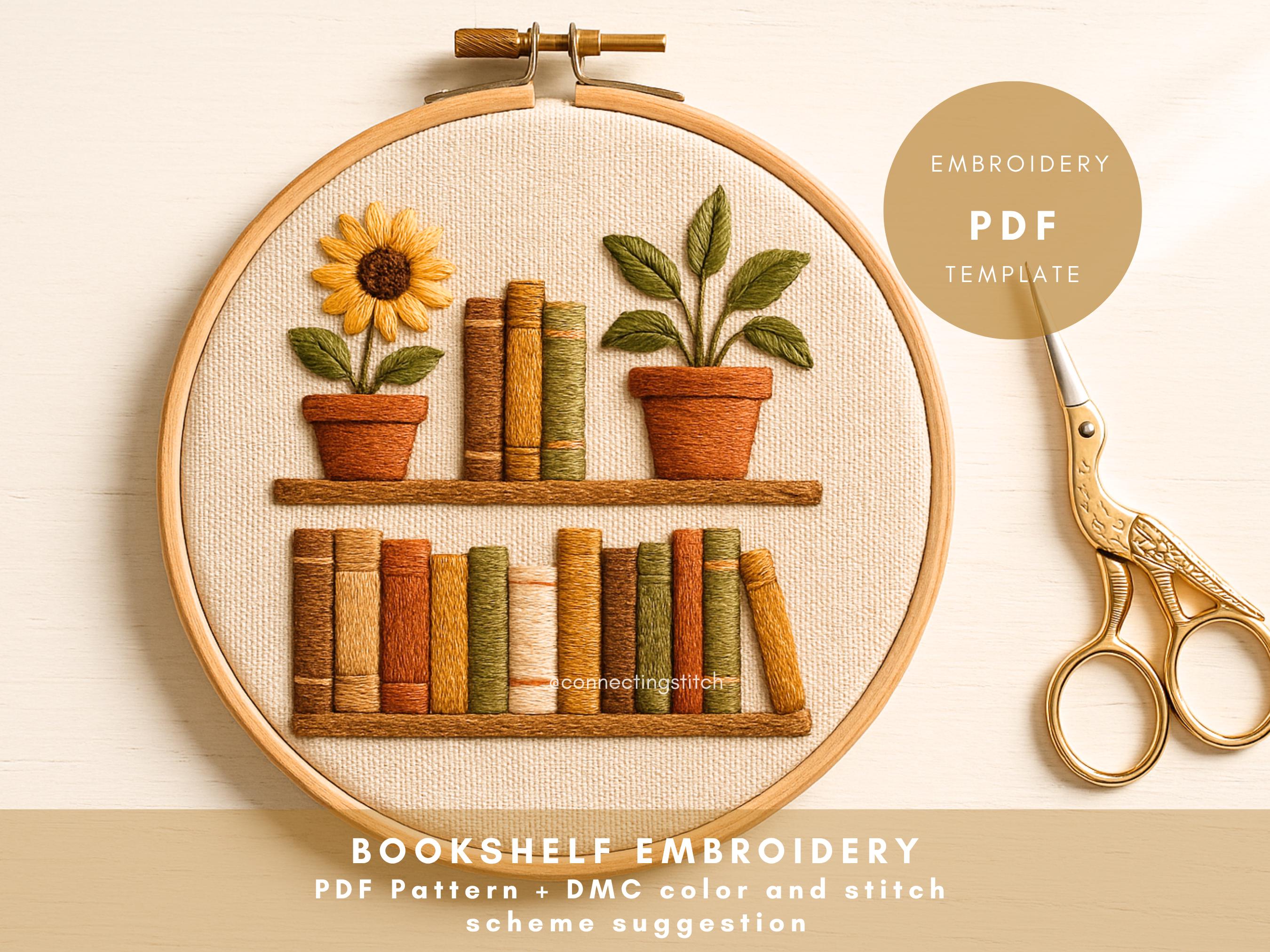 Bookshelf Hand Embroidery Pattern | Book Lover Hoop Art (PDF Download ...