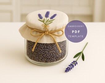 Lavender Jar Lid Embroidery Pattern PDF | Hand Embroidery Template for Floral Kitchen Decor