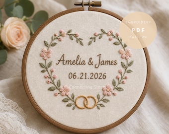 Personligt bröllopsbroderimönster PDF | Broderimall med blommig hjärtkrans | Anpassade namn- och datumramar