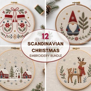 Puede incluir: Un conjunto de cuatro bastidores de bordado circulares con diseños festivos: manoplas rojas, un gnomo, un pueblo nevado con casas y un reno. El texto 12 SCANDINAVIAN CHRISTMAS EMBROIDERY BUNDLE está centrado sobre la colección de piezas de tela.