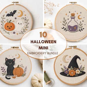 Halloween Mini Borduurpatronen Bundel PDF | 10 Handborduurpatronen | Spook Pompoen Heksenhoed Zwarte Kat | Borduurpatronen voor Beginners PDF