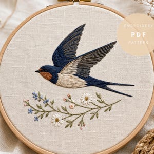 May include: An embroidered bird design on a hoop. The bird is depicted with blue and beige feathers, and a floral sprig. The text "EMBROIDERY PDF PATTERN" is visible on the upper right side of the hoop.