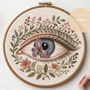 Könnte beinhalten: Ein runder Holzstickrahmen mit einem Stoffstück, das ein detailliertes Augenmotiv zeigt. Das Auge hat eine blaue Iris, eine violette Irisblüte und ist von grünen Blättern, kleinen rosa Blüten und weißen Knospen umgeben.