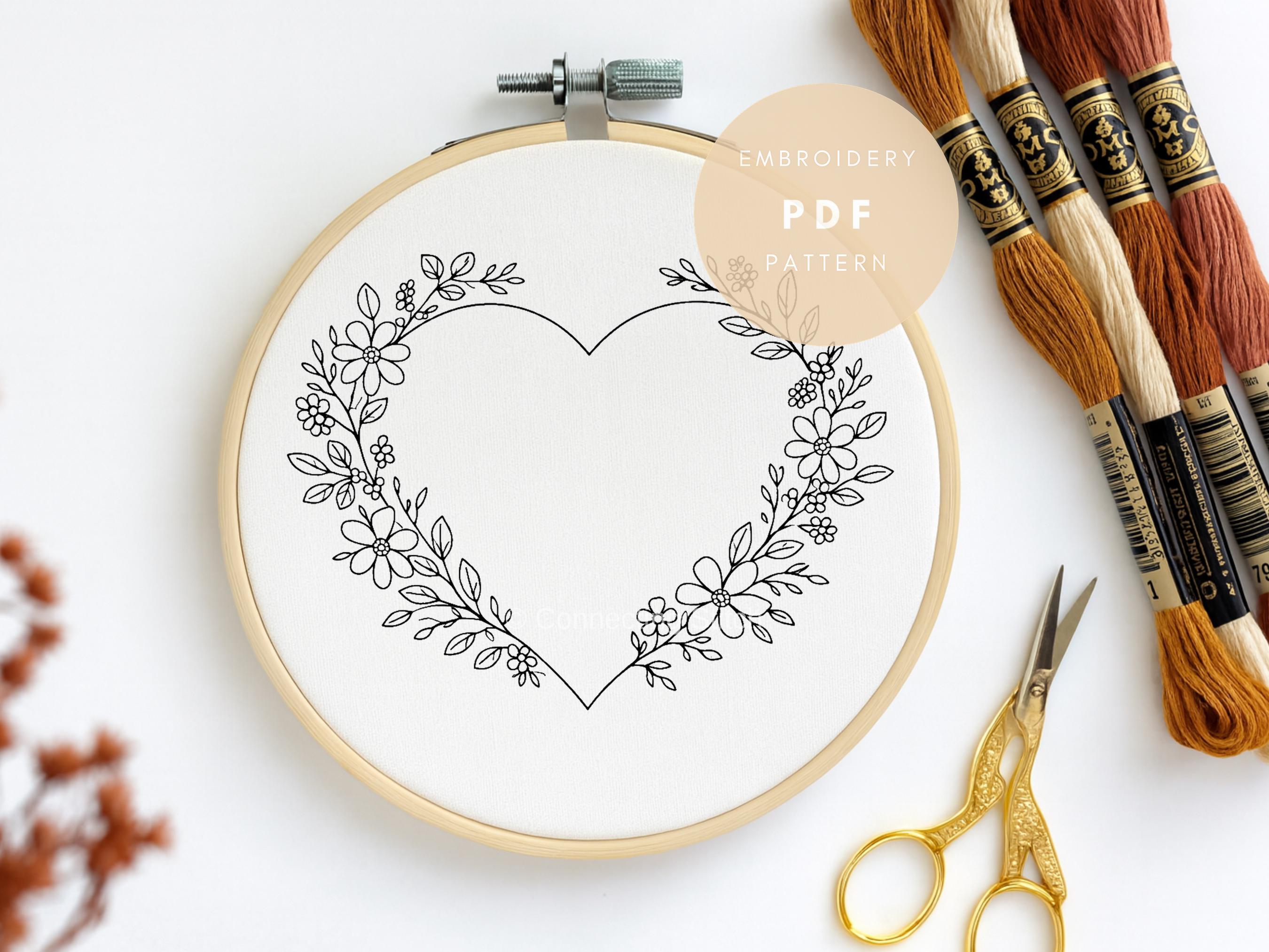Heart Wreath Embroidery Pattern PDF | Floral Botanical Design ...