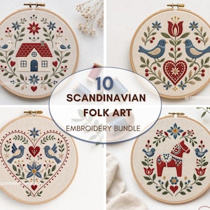 Skandinavische Volkskunst-Stickmuster-Set | 10 PDF-Stickmuster | Nordische Stickerei | Schwedische Volkskunst