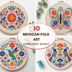 Puede incluir: Una colección de cuatro bastidores de bordado circulares con coloridos diseños de arte popular mexicano, incluyendo pájaros, una mariposa y patrones florales sobre tela beige. El texto 10 MEXICAN FOLK ART EMBROIDERY BUNDLE está centrado.