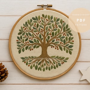 Könnte beinhalten: Gesticktes Baumdesign auf beigem Stoff, in einem Holzreifen. Der Baum hat einen braunen Stamm, grüne Blätter und kleine braune Beeren. Der Text "Embroidery PDF Pattern" ist sichtbar. Ein Tannenzapfen, ein Stern und eine rote Kugel liegen auf der Holzoberfläche.