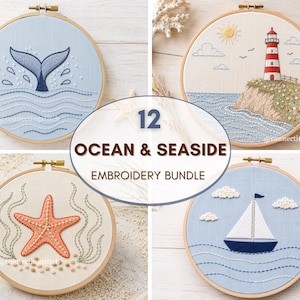 May include: A collection of four embroidery hoops with ocean and seaside themes. Designs include a whale tail, a lighthouse, a starfish, and a sailboat. The text "12 Ocean & Seaside Embroidery Bundle" is also visible.