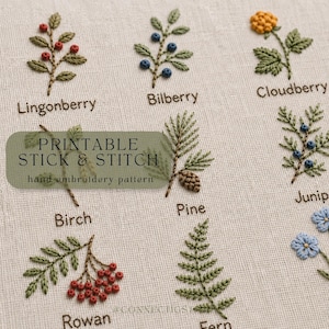 May include: A beige fabric featuring hand embroidery patterns of various plants including lingonberry, bilberry, cloudberry, birch, pine, juniper, rowan, fern, and flax. The text PRINTABLE STICK & STITCH hand embroidery pattern is visible.