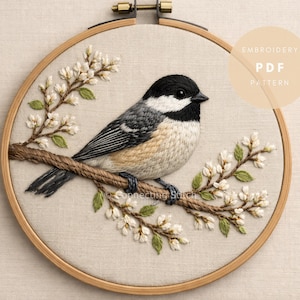 Chickadee Bird Embroidery Pattern PDF, Hand Embroidery Design, Floral Bird Hoop Art, Nature Embroidery Template