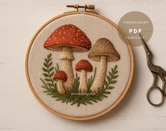 Handborduurpatroon paddenstoel pdf | Ontwerp met bospaddestoelen | DIY botanische steeksjabloon