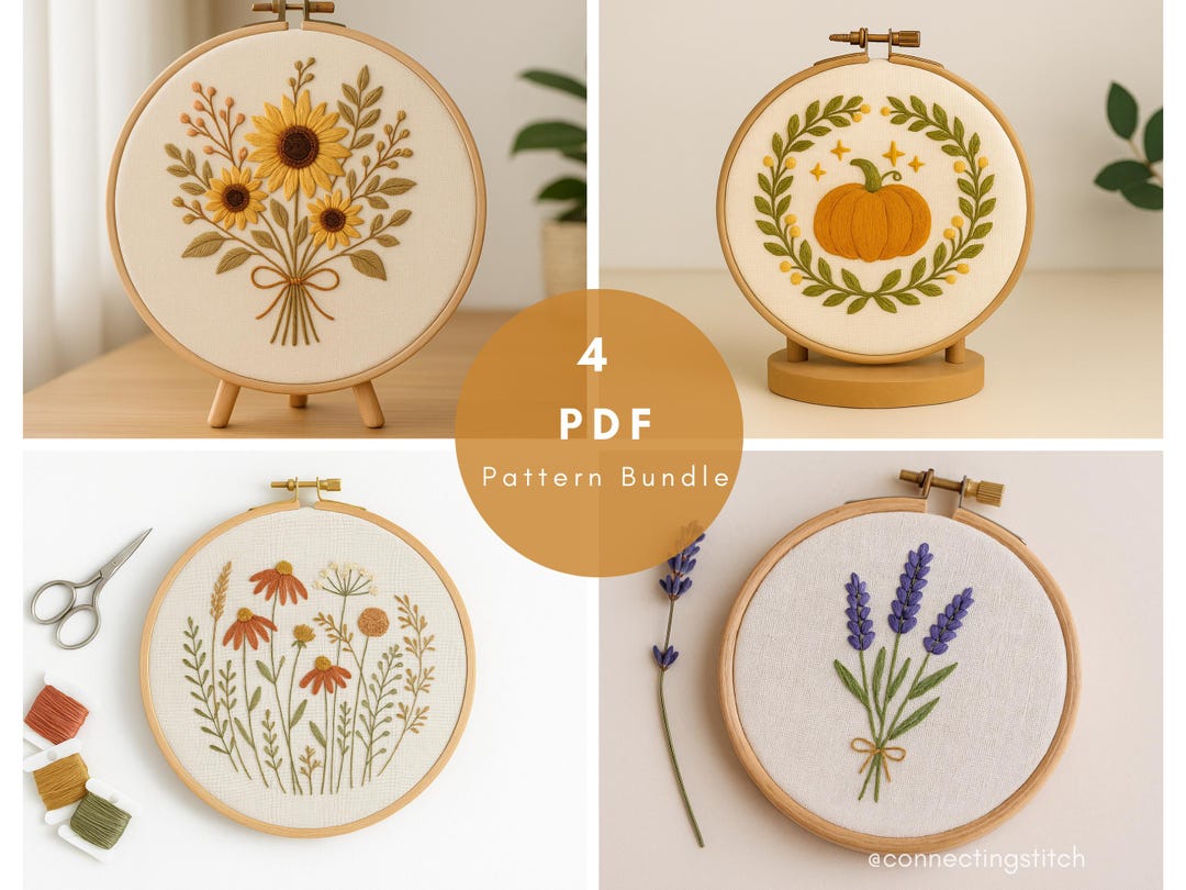 4-in-1 Autumn Floral & Pumpkin Embroidery Pattern Bundle | PDF ...
