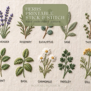 Può includere: Un campionario ricamato con varie erbe, tra cui lavanda, rosmarino e camomilla. Ogni erba è meticolosamente ricamata con fili verdi e viola, con il nome dell'erba sottostante. Il testo "HERBS PRINTABLE STICK & STITCH hand embroidery pattern" è in alto.