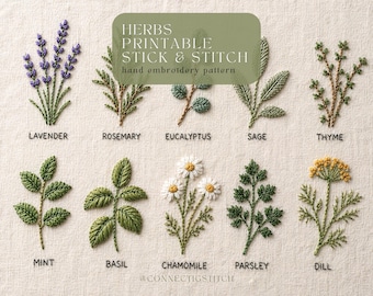 Puede incluir: Un muestrario bordado con varias hierbas, como lavanda, romero y manzanilla. Cada hierba está meticulosamente bordada con hilos verdes y morados, con el nombre de la hierba debajo. El texto "HERBS PRINTABLE STICK & STITCH hand embroidery pattern" está en la parte superior.