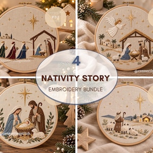 Pode incluir: Um conjunto de quatro bastidores de bordado circulares com cenas da natividade em tecido creme. Os desenhos incluem os três reis magos, um anjo sobre um estábulo, a sagrada família com uma manjedoura e um pastor com ovelhas sob uma estrela.