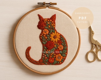 Floral Cat Embroidery Pattern | Beginner DIY Hoop Art (PDF)