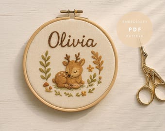 Custom Deer Embroidery Pattern • Personalized Name PDF • Hand Embroidery Template • Woodland Nursery Decor