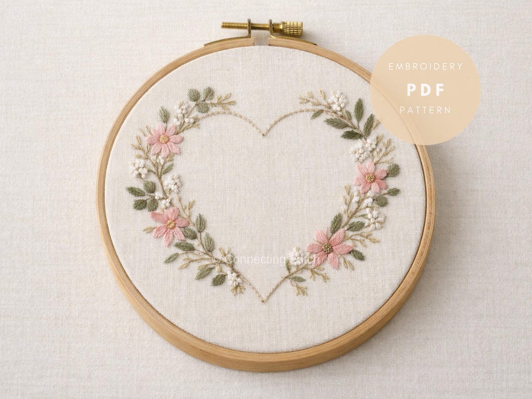 Heart Wreath Embroidery Pattern PDF | Floral Botanical Design ...